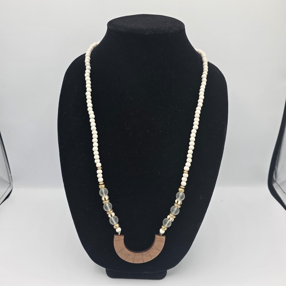 Plunder Womens Beaded Necklace White Brown 36"‎ Wooden Pendant Boho